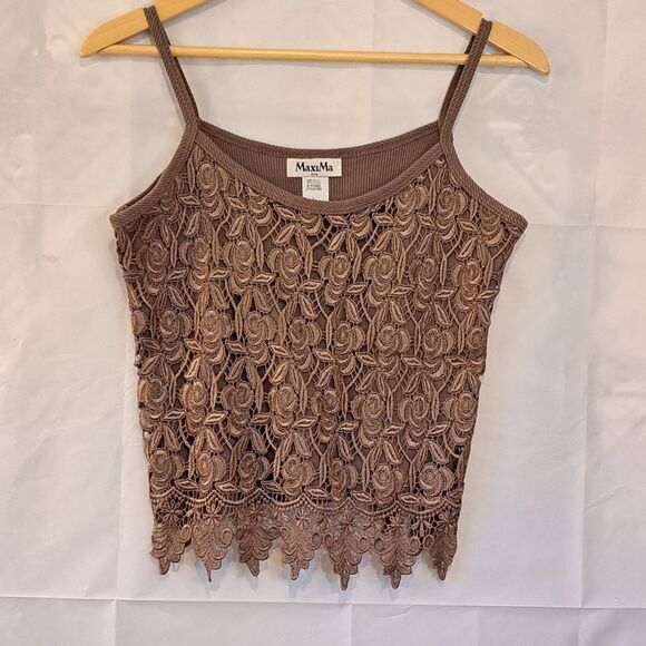 MaxiMa Y2K 90's Taupe Floral Eyelet Ribbed Spaghetti Top Size Large - Picture 2 of 13